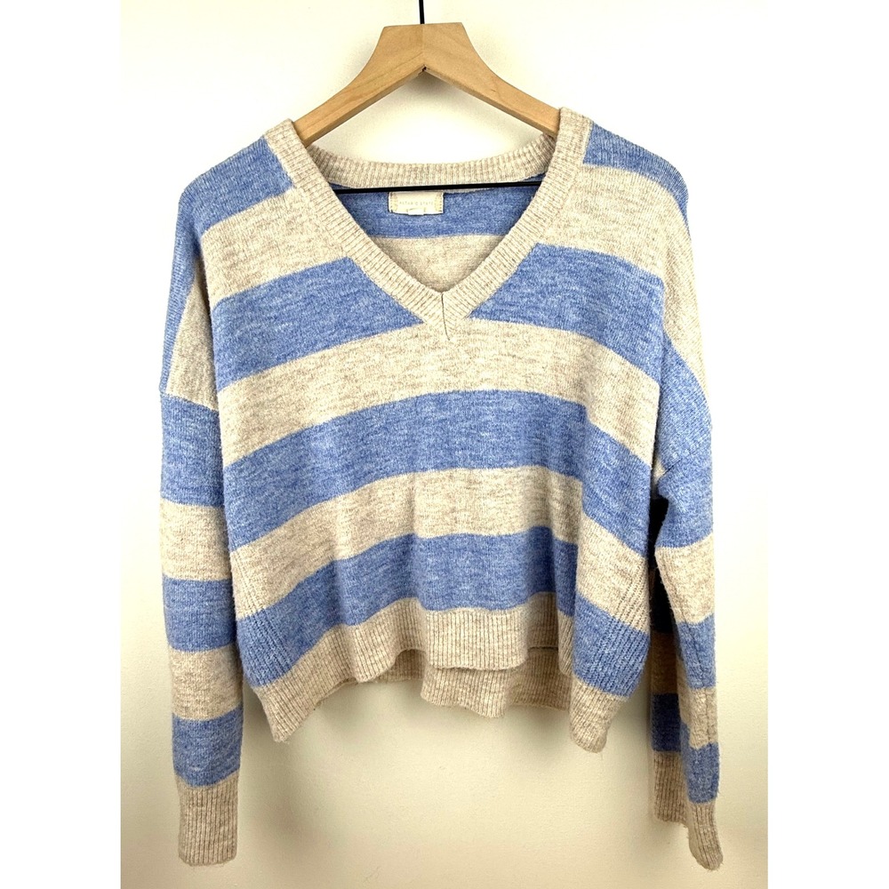 Altar'd State Blue Beige Striped V Neck  Knit‎ Cropped Sweater Women's M